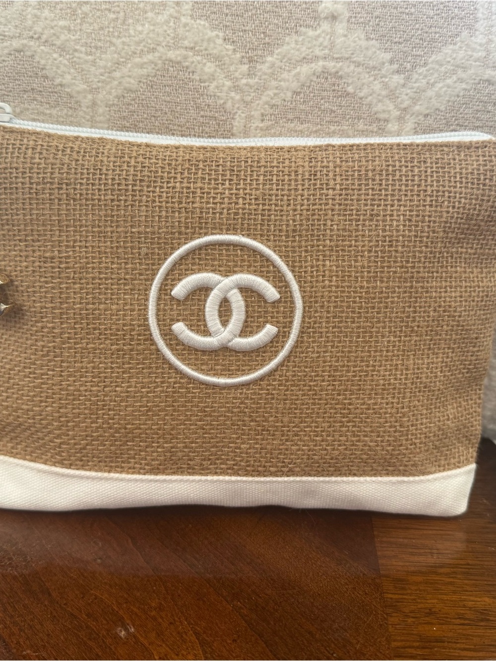 CHANEL Beige and White Canvas Cosmetic Pouch with CC Logo
